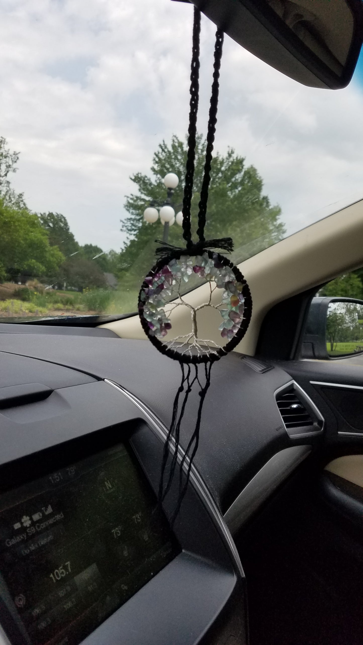 Fluorite Tree Car Mirror Ornament Bansai Charm Green Black