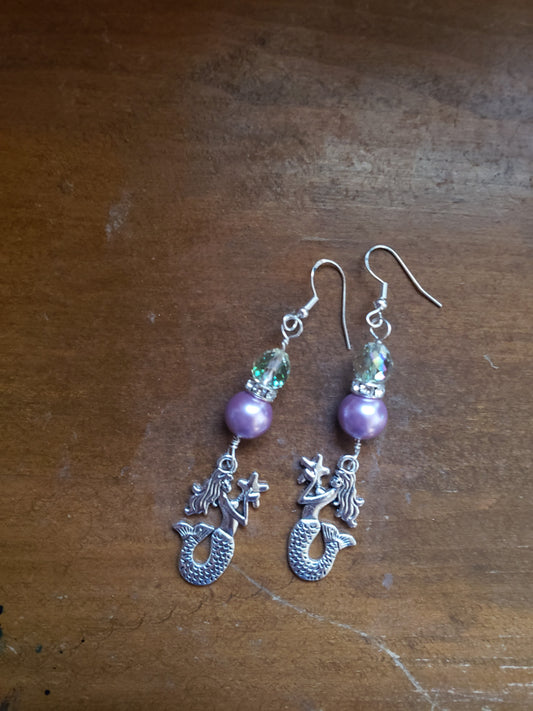 Mermaid with Star Fish Purple Pearl Green Glitter Sparkle Fantasy Earrings Dangle 925 Sterling Silver Hypoallergenic