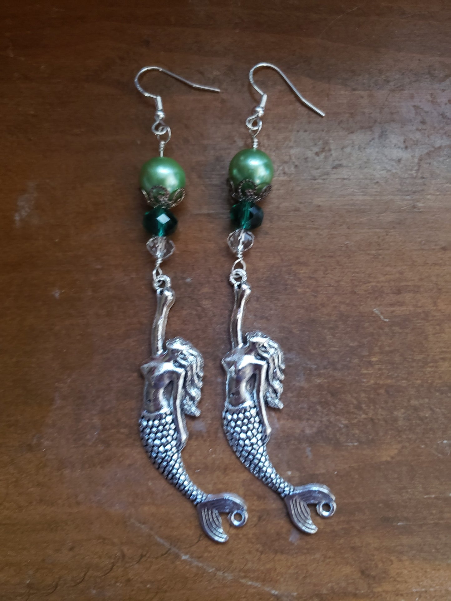 Mermaid Green Pearl Sparkle Glitter Fantasy Earrings Dangle 925 Sterling Silver Hypoallergenic