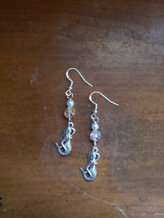 Mermaid White Pearl Pink Sparkle Glitter Fantasy Earrings Dangle 925 Sterling Silver Hypoallergenic