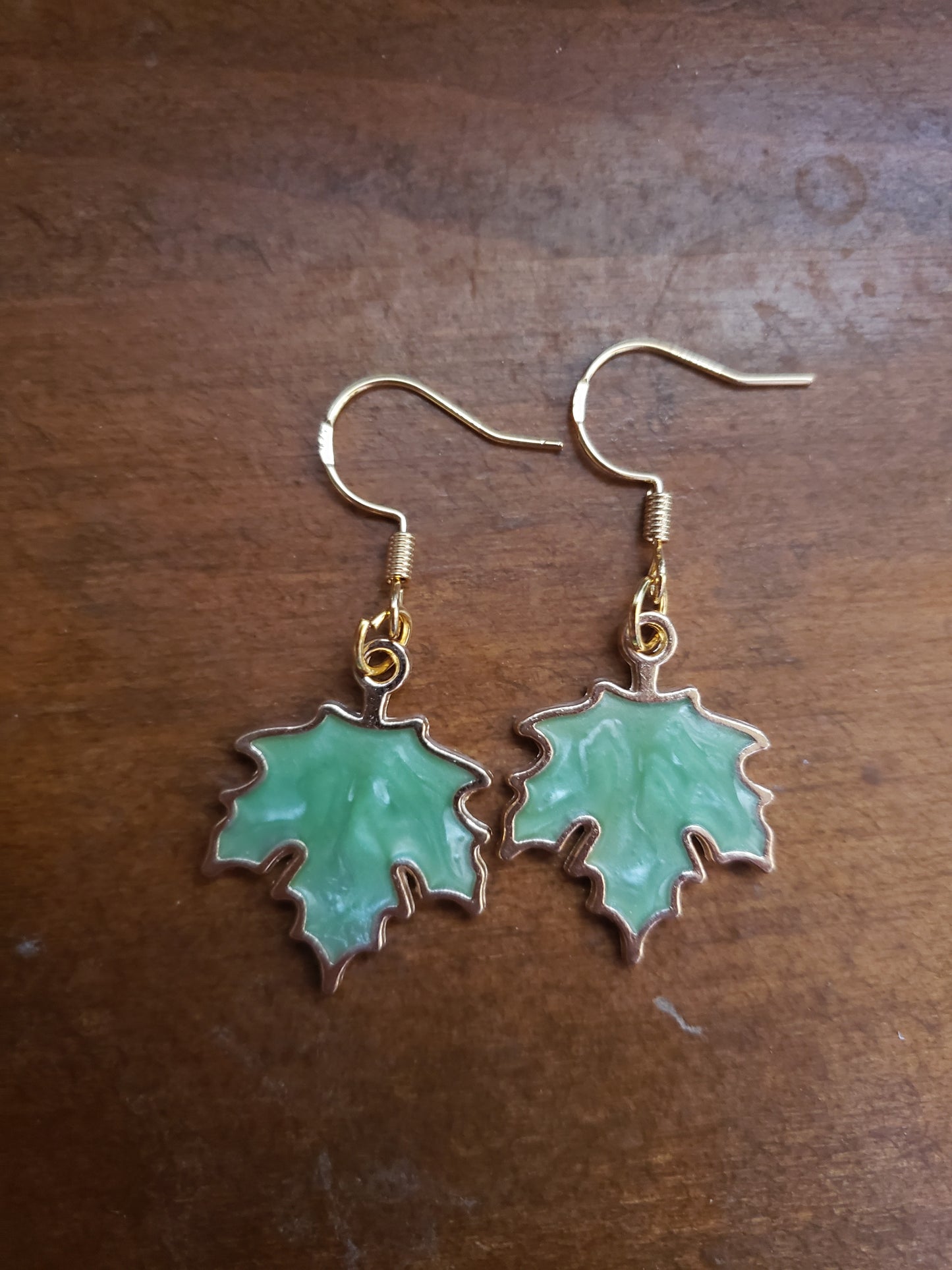 Green Swirl Red Leaf Earrings Fall Autumn Leaves Dangle 18k Gold Hypoallergenic