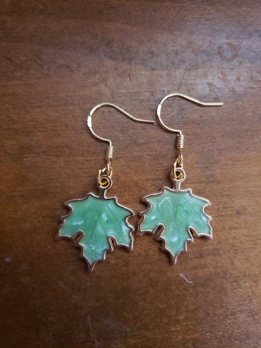 Green Swirl Red Leaf Earrings Fall Autumn Leaves Dangle 18k Gold Hypoallergenic