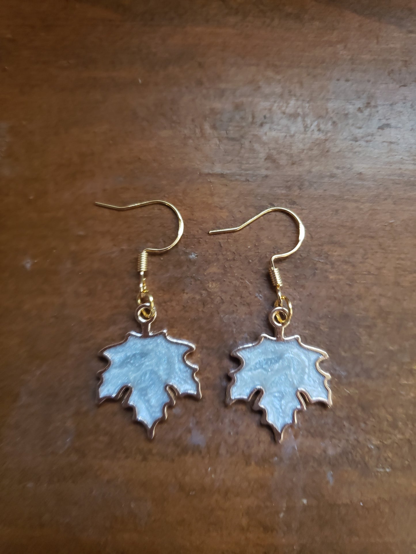 Grey Swirl Red Leaf Earrings Gray Fall Autumn Leaves Dangle 18k Gold Hypoallergenic