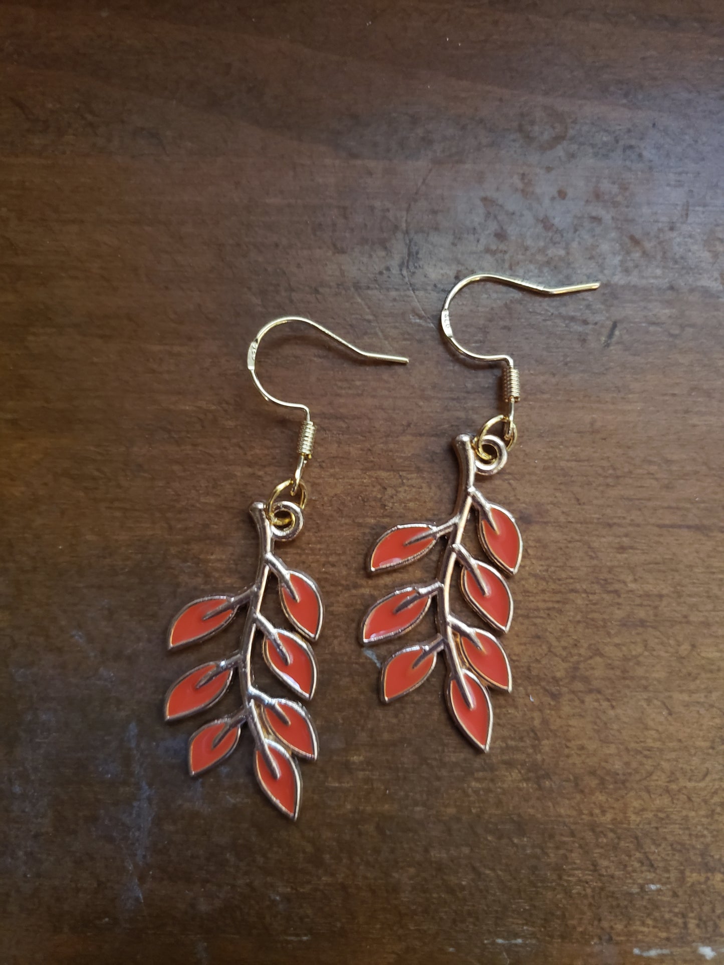 Red Orange Leaf Earrings Fall Autumn Leaves Dangle 18k Gold Hypoallergenic