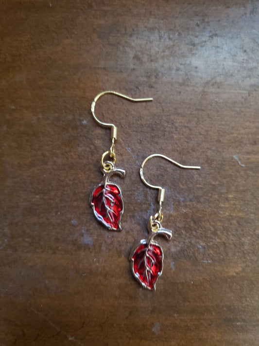 Red Leaf Earrings Fall Autumn Leaves Dangle 18k Gold Hypoallergenic