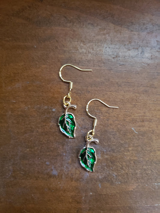 Green Leaf Earrings Fall Autumn Leaves Dangle 18k Gold Hypoallergenic