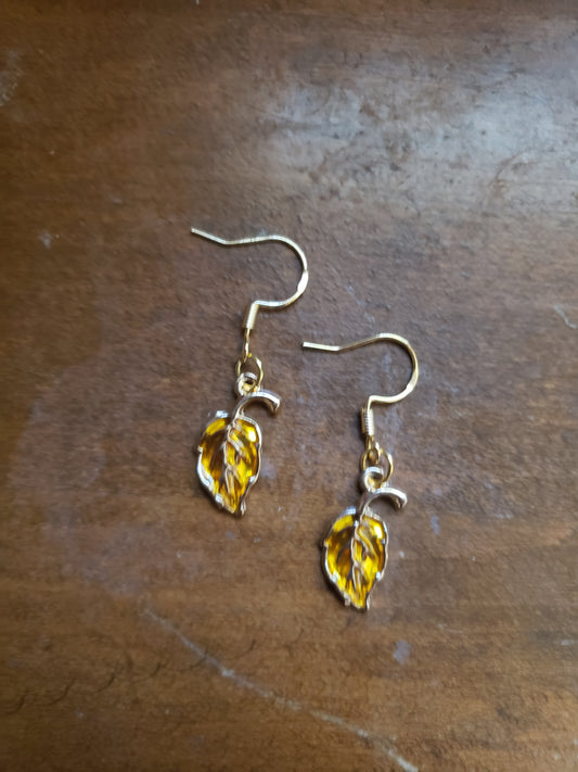 Yellow Leaf Earrings Fall Autumn Leaves Dangle 18k Gold Hypoallergenic