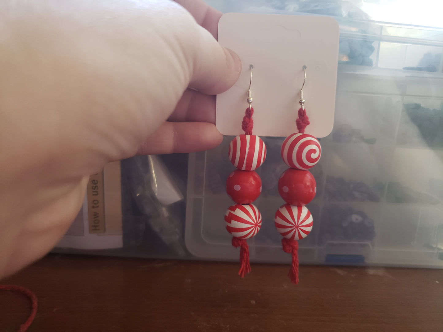 Spiral Red White Christmas Ball Earrings Winter Dangle 925 Sterling Silver Hypoallergenic