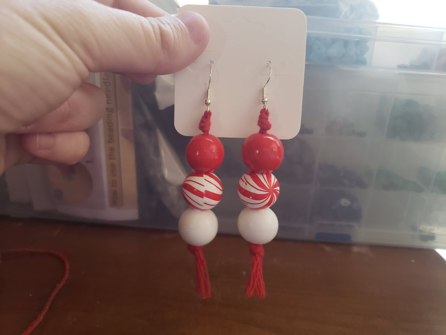 Spiral Red White Christmas Ball Earrings Winter Dangle 925 Sterling Silver Hypoallergenic