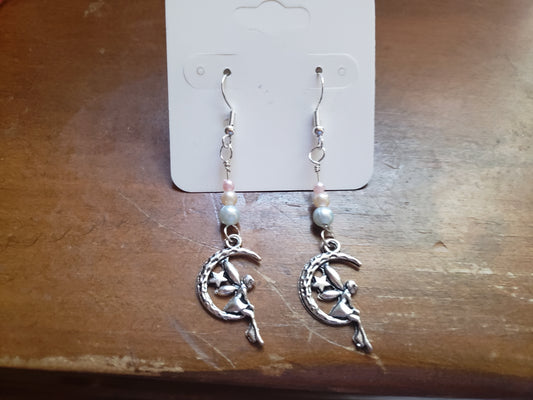 Moon and Star Fairy Pearl Earrings Dangle 925 Sterling Silver Hypoallergenic