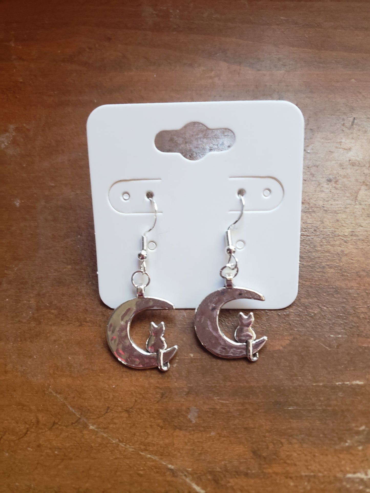 Cat in the Crescent Moon Earrings Dangle 925 Sterling Silver Hypoallergenic