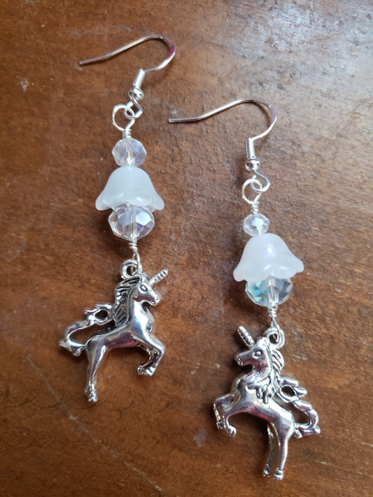 Unicorn Flower Glitter Sparkle Gem Fantasy Earrings Dangle 925 Sterling Silver Hypoallergenic