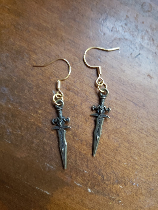 Gold Black Sword Knife Dagger Fantasy Earrings Dangle 18k Gold Hypoallergenic