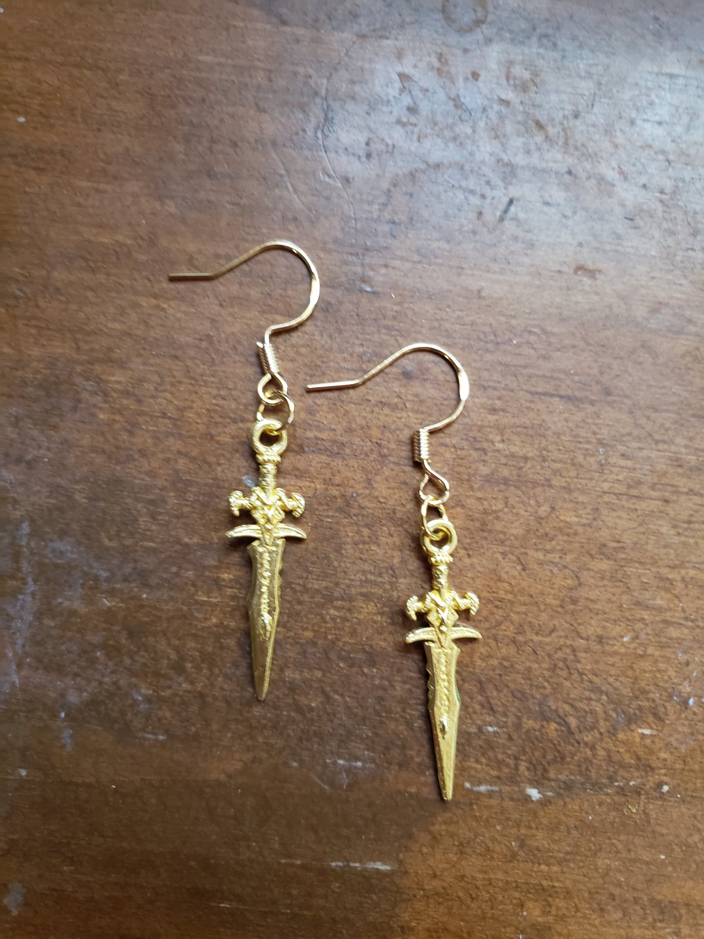 Sword Knife Dagger Fantasy Earrings Dangle 18k Gold Hypoallergenic