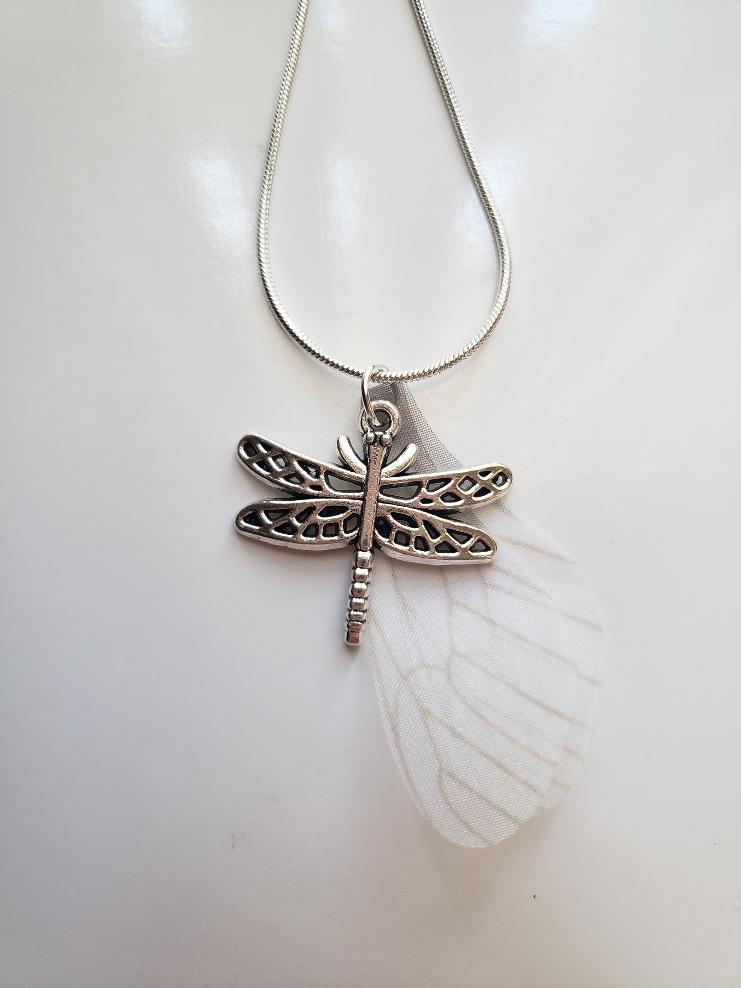 Dragonfly White Fairy Wings Silver Necklace