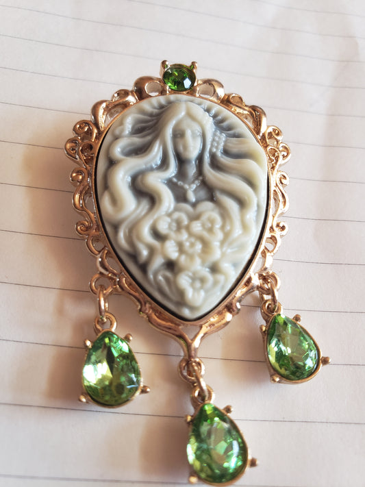 Medusa Brooch Green Gems Gold Accent