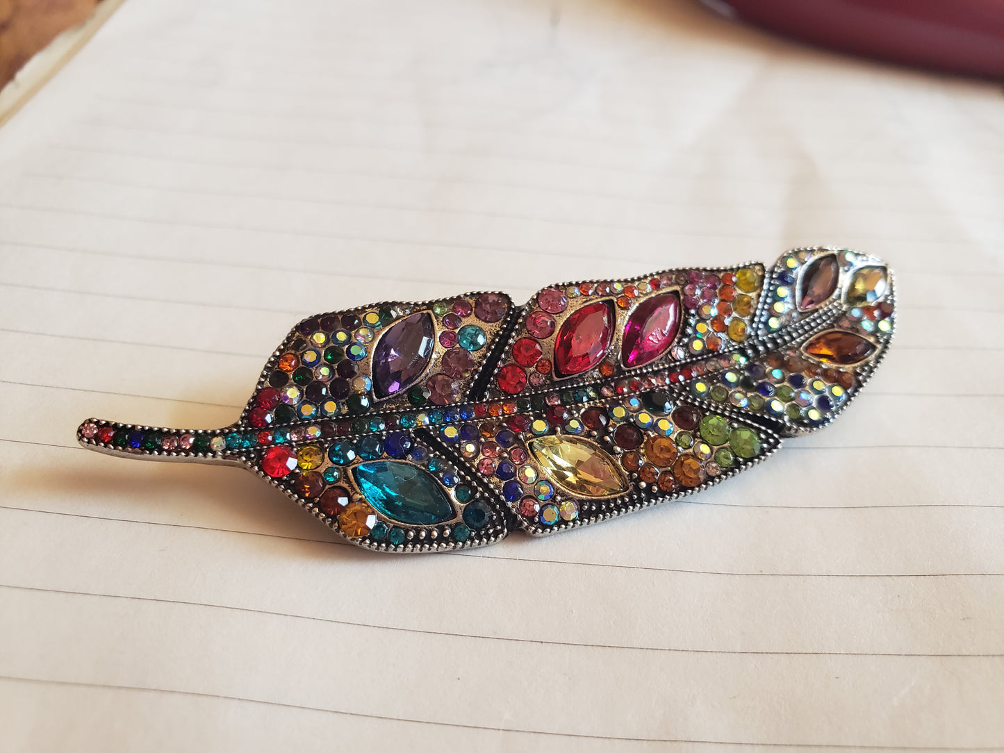 Feather Brooch Multicolored Rainbow Gems Silver Accent