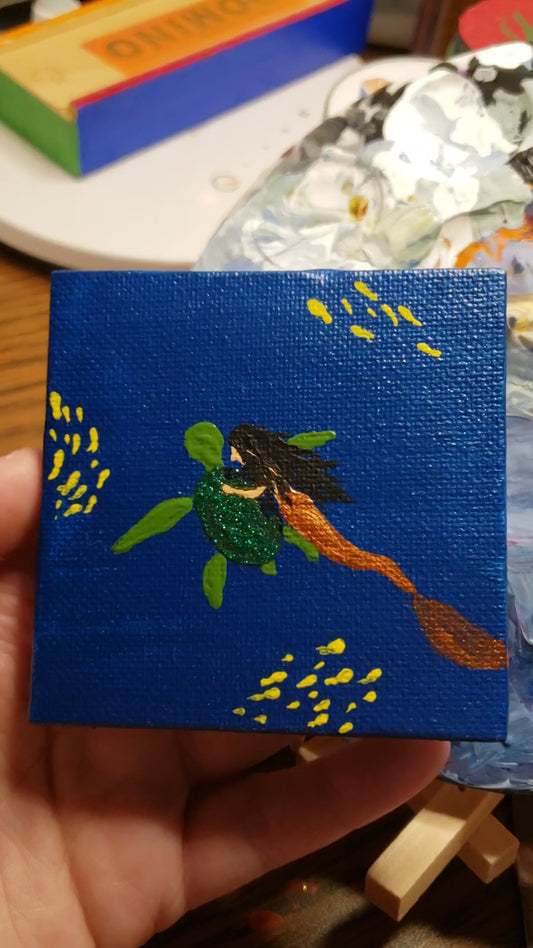 Mermaid and sea turtle 3×3 painting with easel