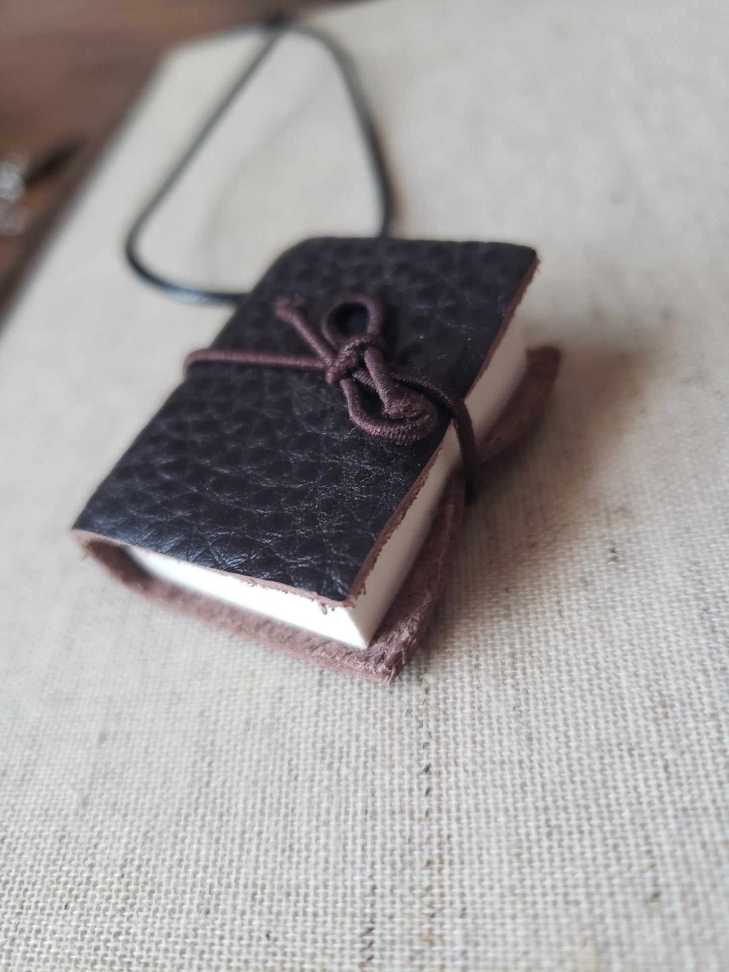 Real Tiny Book on a Black Necklace Brown Leather Fantasy Tome