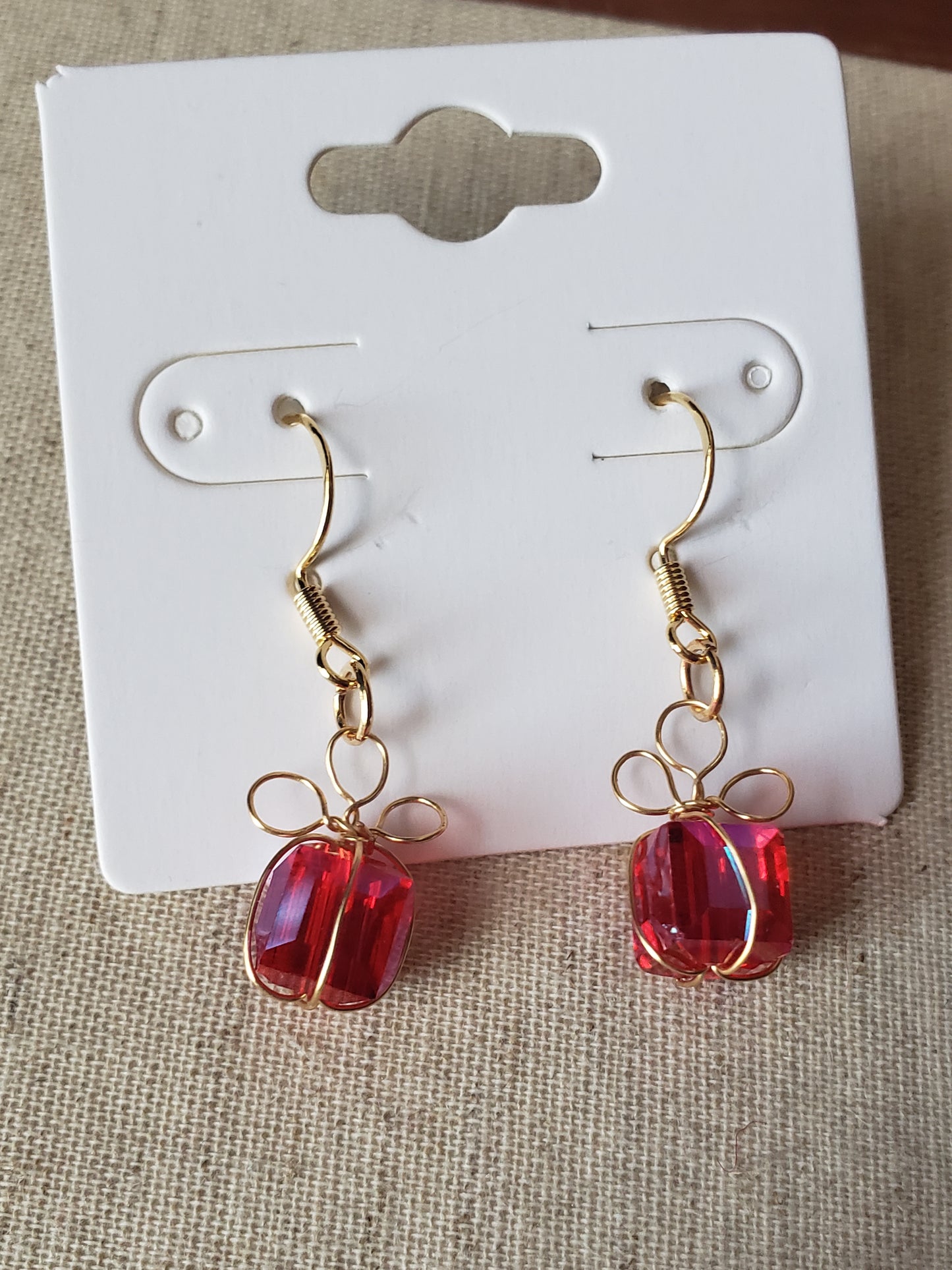 (Christmas Gift Crystal Earrings Holiday Present with Bow Red Dangle 18k Gold Hypoallergenic