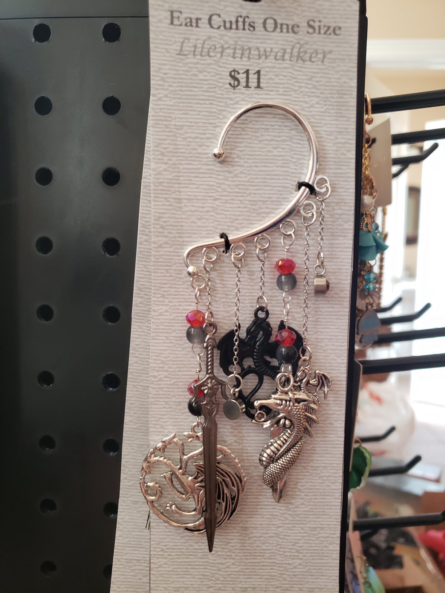 Dragon Slayer Silver Ear Cuff Red and Black Swords