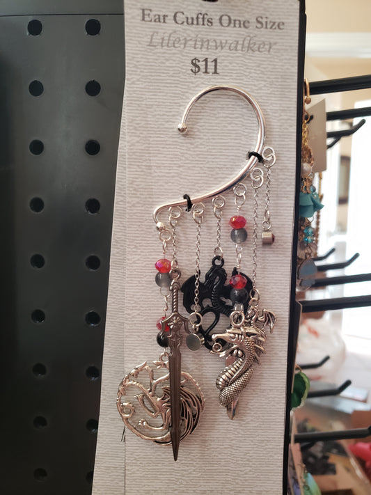 Dragon Slayer Silver Ear Cuff Red and Black Swords