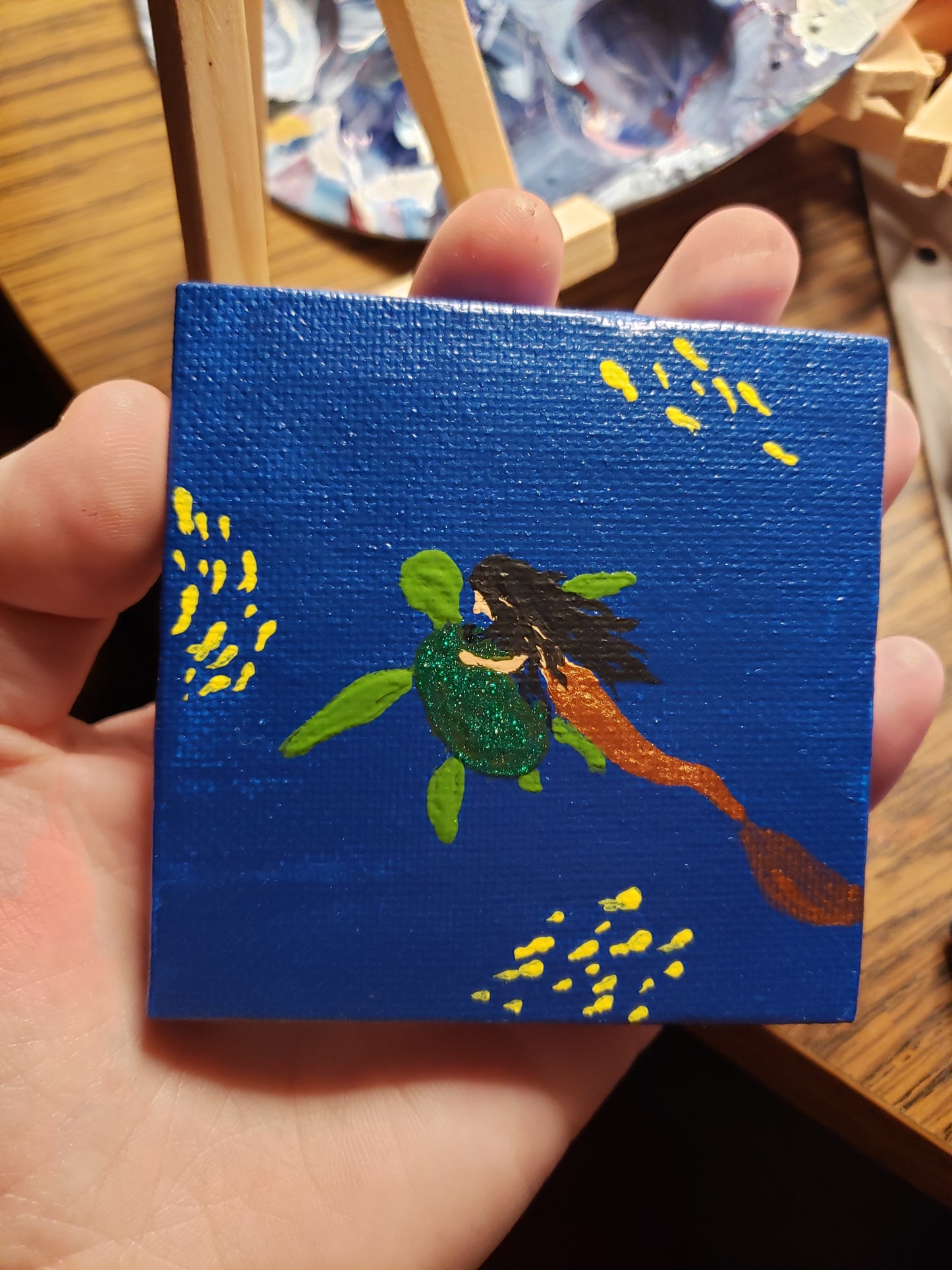 Mermaid and sea turtle 3×3 painting with easel