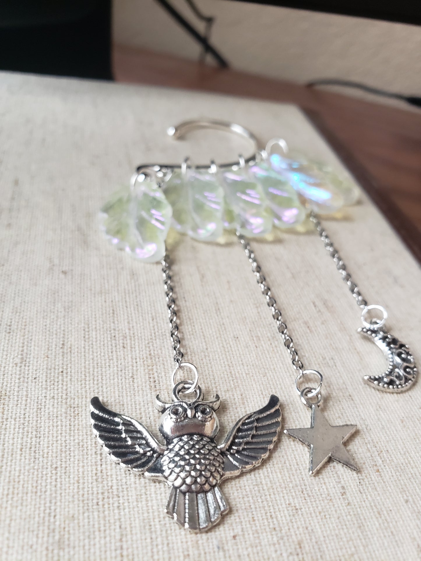 Fantasy Ear Cuff Silver Owl Star Crescent Moon White Leaves Feathers