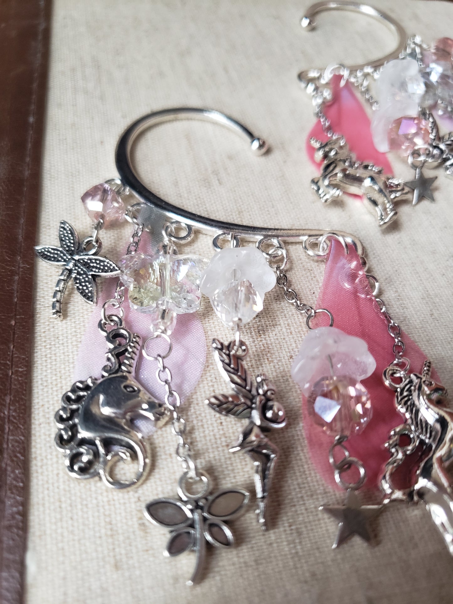 Fantasy Ear Cuff Pair Fairy Forest Pink and White Flowers Wings Unicorn Dragonfly Butterfly