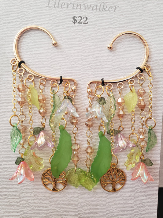 Enchanted Forest Fairy Nymph Gold Ear Cuffs Flowers