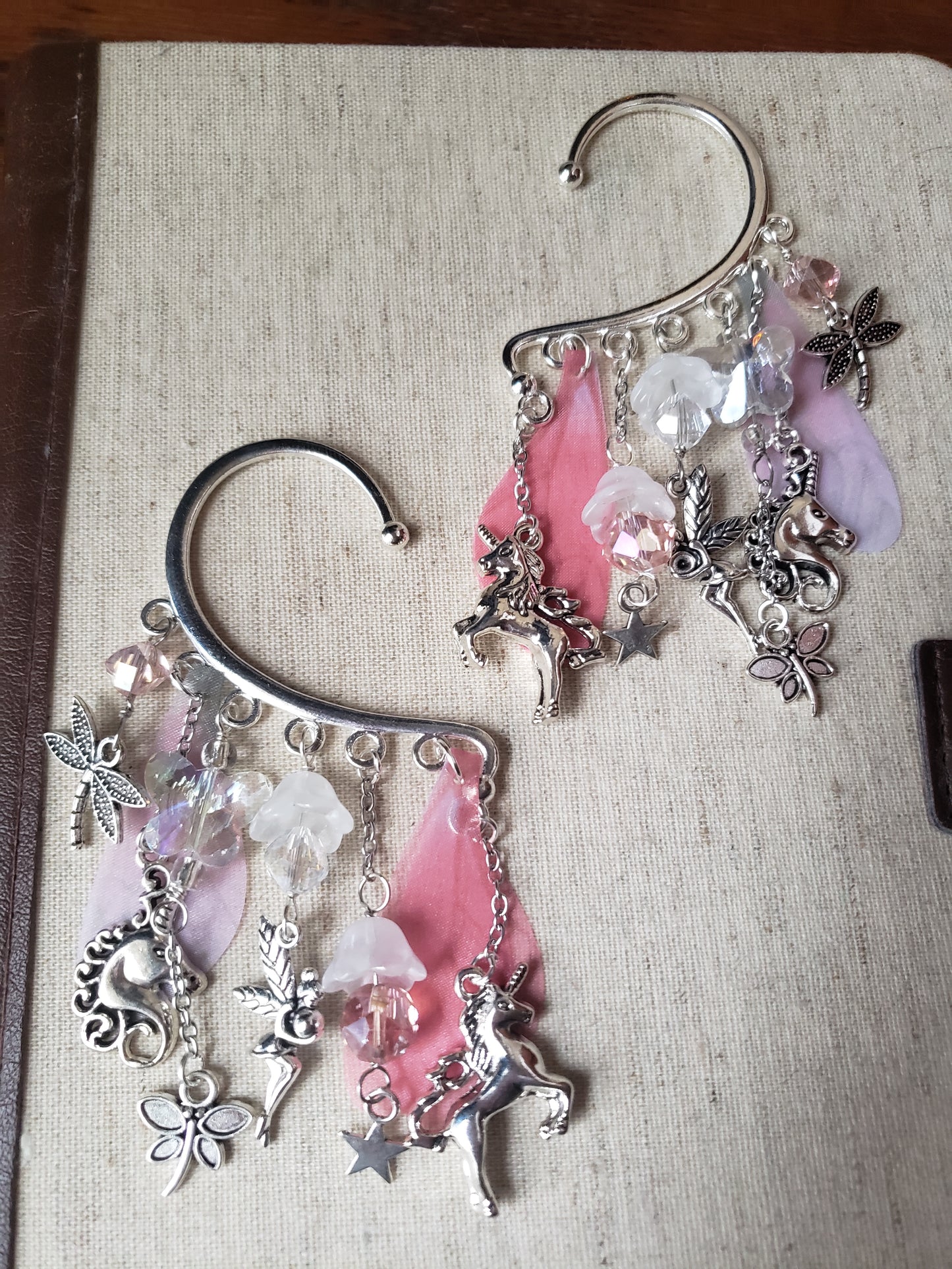 Fantasy Ear Cuff Pair Fairy Forest Pink and White Flowers Wings Unicorn Dragonfly Butterfly