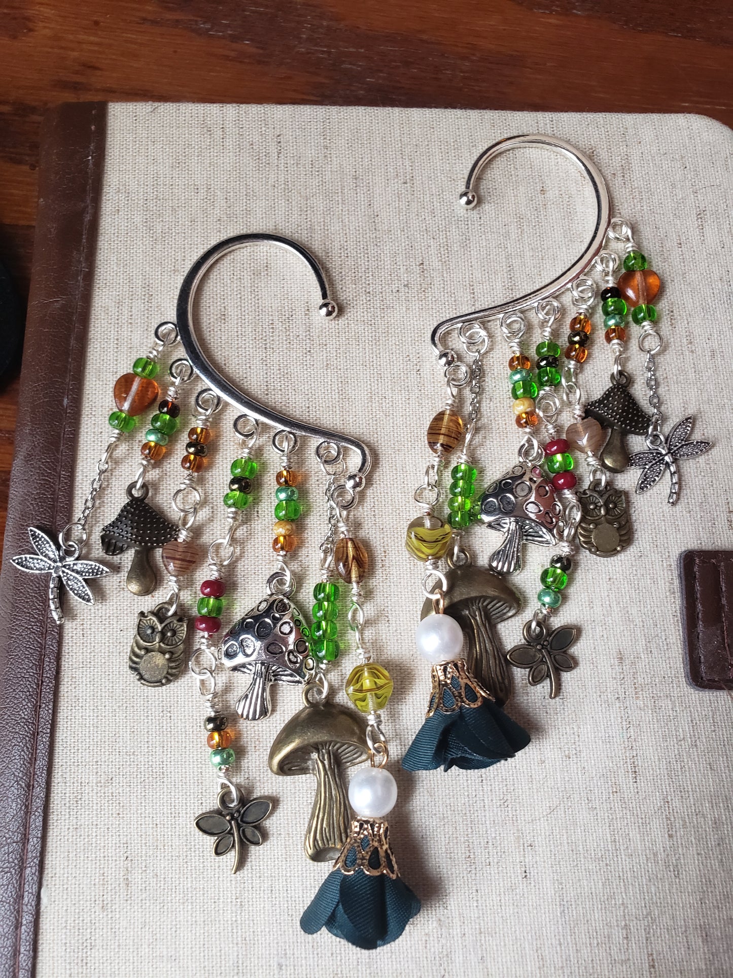 Fantasy Ear Cuff Pair Fairy Forest Mushroom Green and Brown Owl Dragonfly