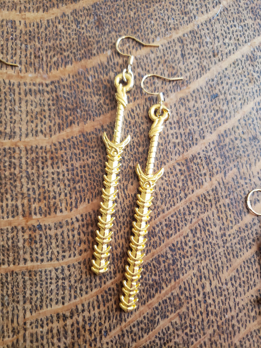 Sword jagged Knife Dagger Fantasy Earrings Dangle 18k Gold Hypoallergenic