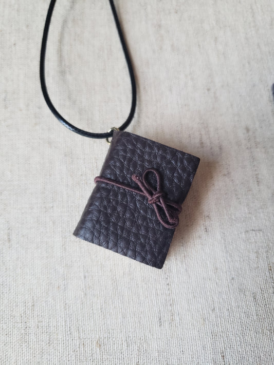 Real Tiny Book on a Black Necklace Brown Leather Fantasy Tome