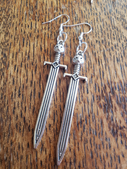 Animal head Sword Dagger knife Fantasy Earrings Dangle 925 Sterling Silver Hypoallergenic